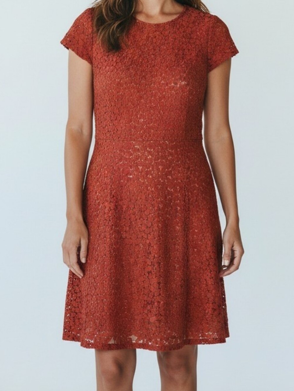 LOFT Woman's Rust Lace Short-Sleeve Floral Midi Dress Casual Boho Careerwear